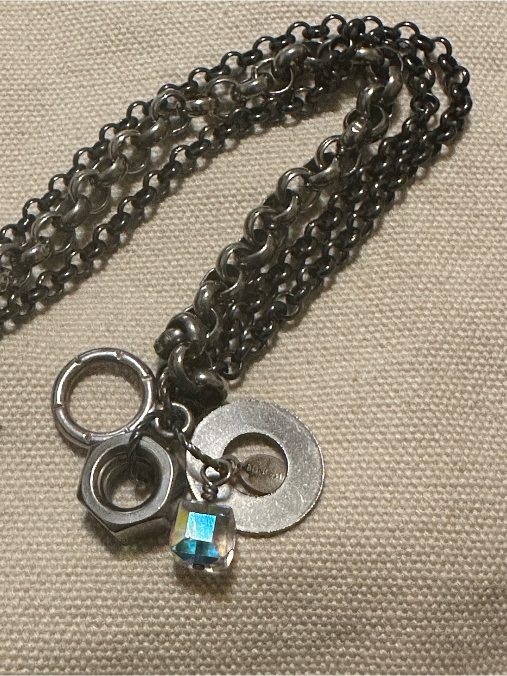 Silver-Tone Multi-Chain Charm Necklace with Blue Crystal Accent